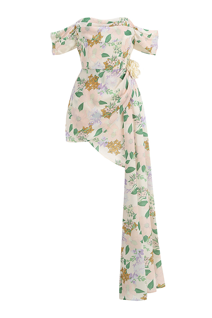 Off-shoulder Floral Printed Asymmetric Mini Dress IULOVER Off-shoulder Floral Printed Asymmetric Mini Dress IULOVER