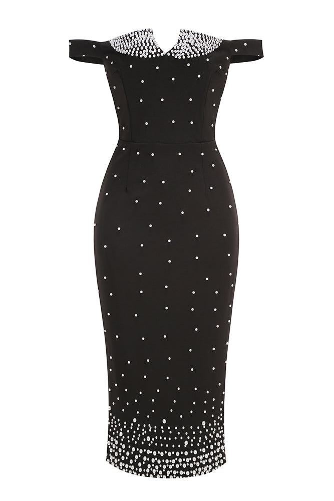 Off-shoulder Pearl Embroidered Midi Dress IULOVER Off-shoulder Pearl Embroidered Midi Dress IULOVER