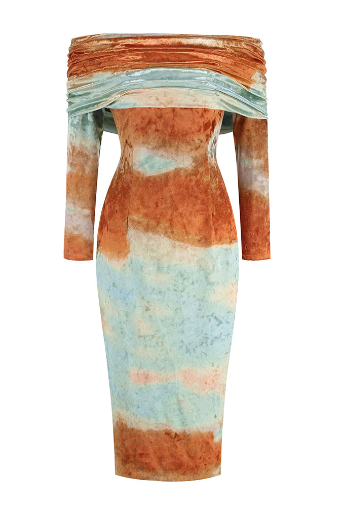 Off-shoulder Print Velvet Midi Dress IULOVER Off-shoulder Print Velvet Midi Dress IULOVER