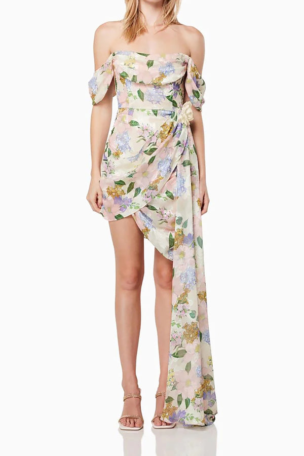 Off-shoulder Floral Printed Asymmetric Mini Dress