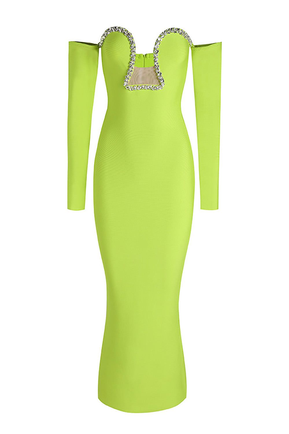 lime green bandage dress 2022 Draped Lime Fluorescent Green Long Sleeve Bandage Dress Bodycon Women Midi Square Collar Plain Sexy Party Evening Dress