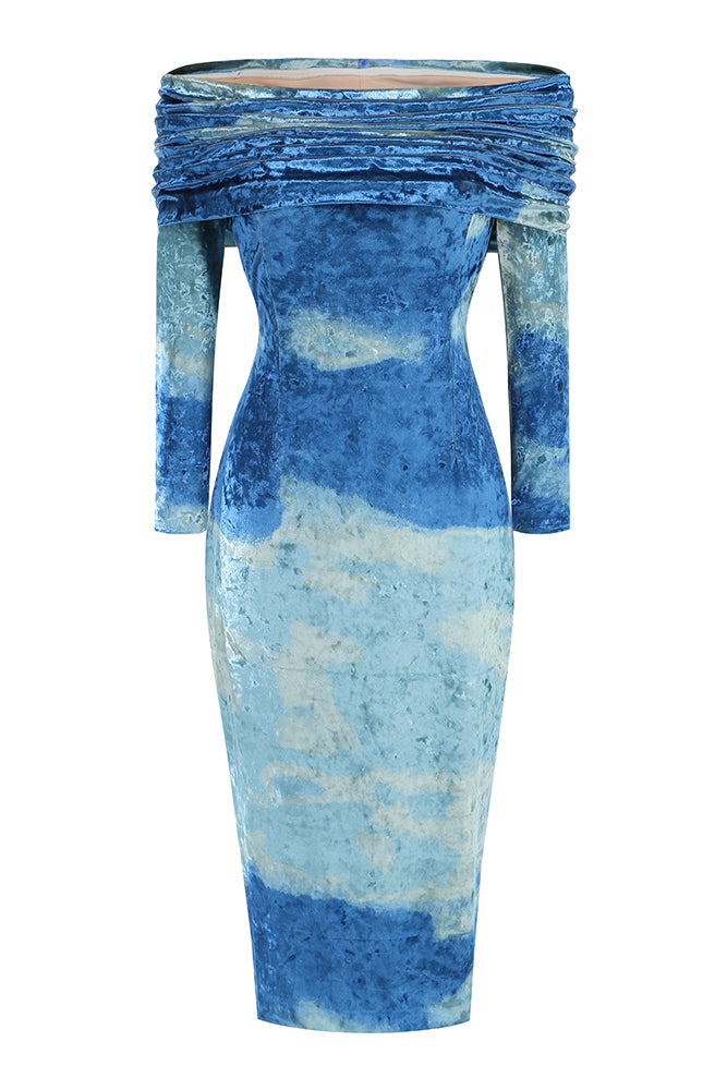 Off-shoulder Print Velvet Midi Dress IULOVER Off-shoulder Print Velvet Midi Dress IULOVER