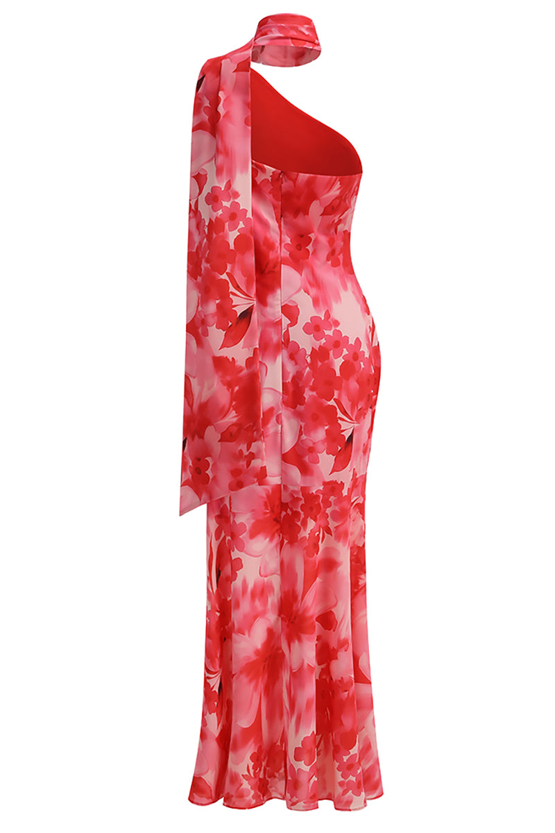 One-Shoulder Floral Mermaid Maxi Dress in Red Red / S One-Shoulder Floral Mermaid Maxi Dress in Red Red / S