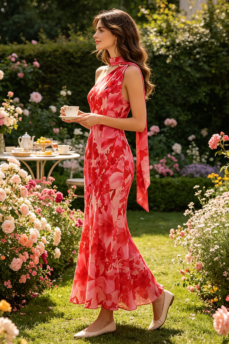 pink and red floral one shoulder dress Pink Textured Floral One Shoulder Sybil Maxi Dress