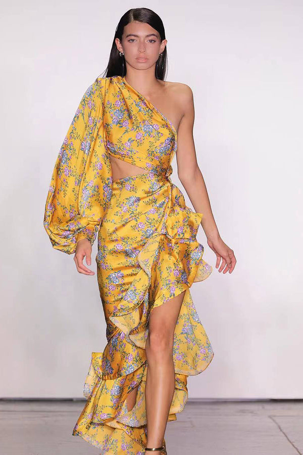 One-Shoulder Printed Ruffles Asymmetrical Maxi Dress