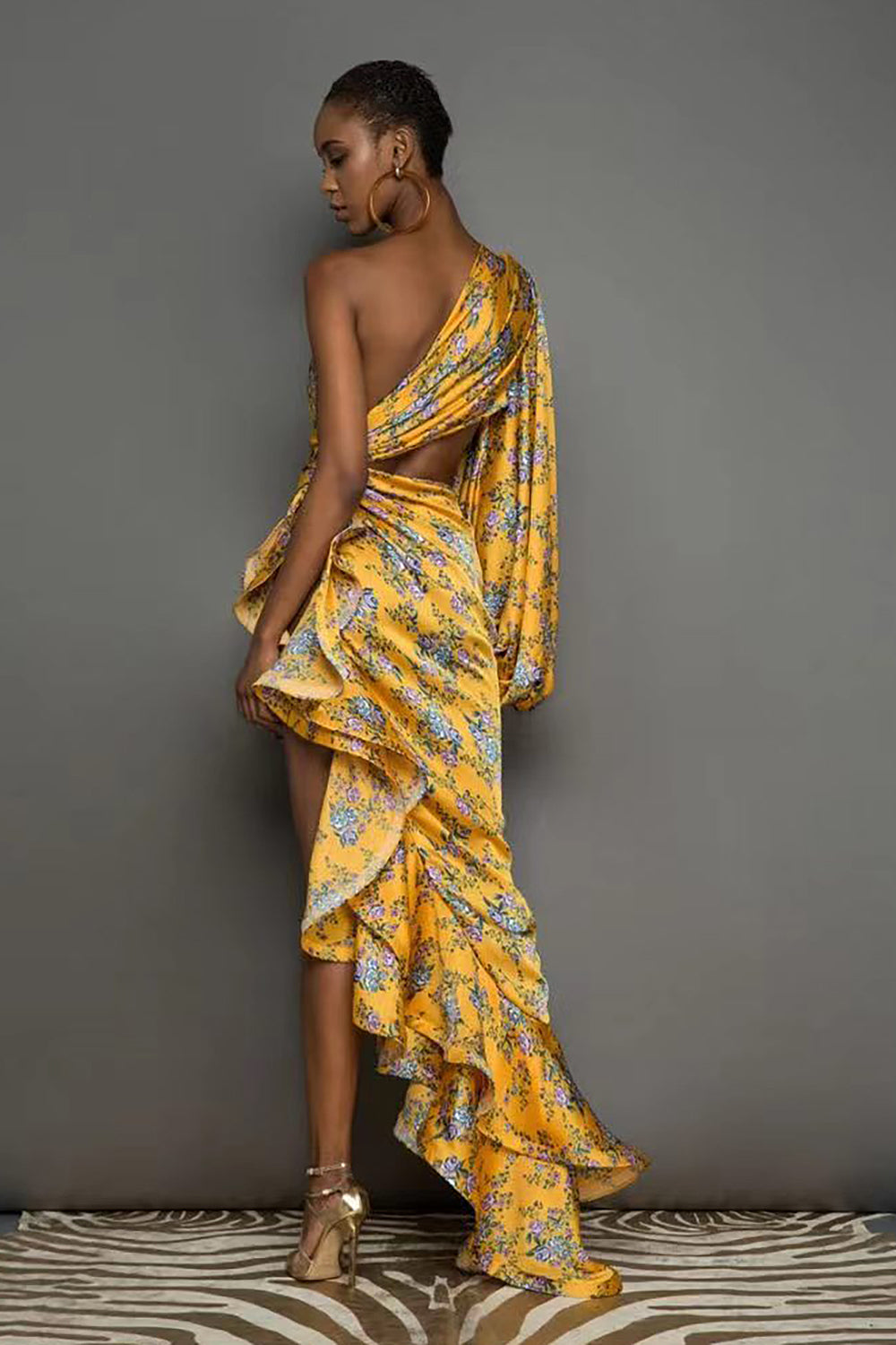 One-Shoulder Printed Ruffles Asymmetrical Maxi Dress IULOVER One-Shoulder Printed Ruffles Asymmetrical Maxi Dress IULOVER
