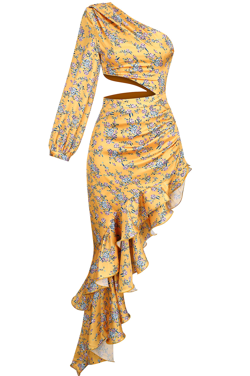 One-Shoulder Printed Ruffles Asymmetrical Maxi Dress IULOVER One-Shoulder Printed Ruffles Asymmetrical Maxi Dress IULOVER