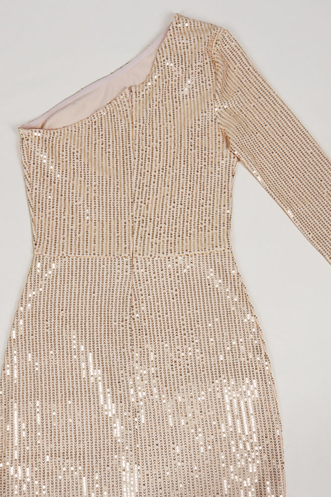 One-shoulder Sequin Embelllished Gown Beige / Medium One-shoulder Sequin Embelllished Gown Beige / Medium