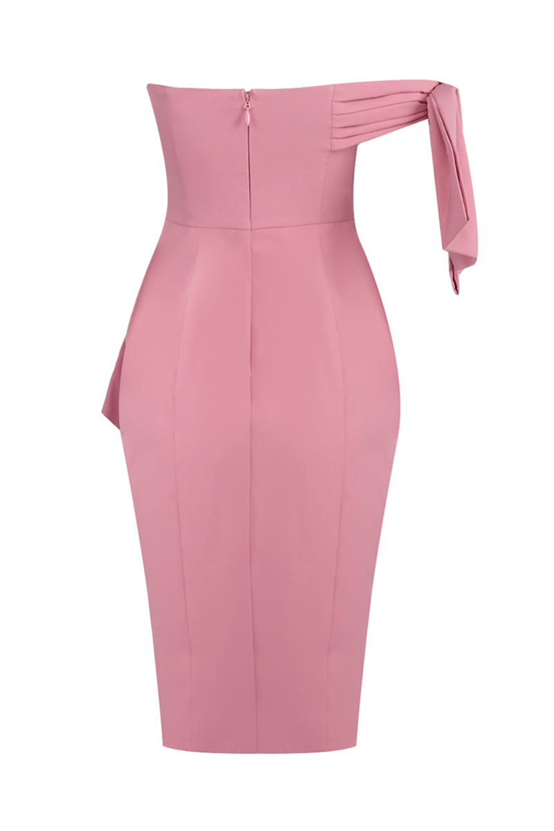 One Shoulder Bow Detail Midi Dress in Pink IULOVER One Shoulder Bow Detail Midi Dress in Pink IULOVER