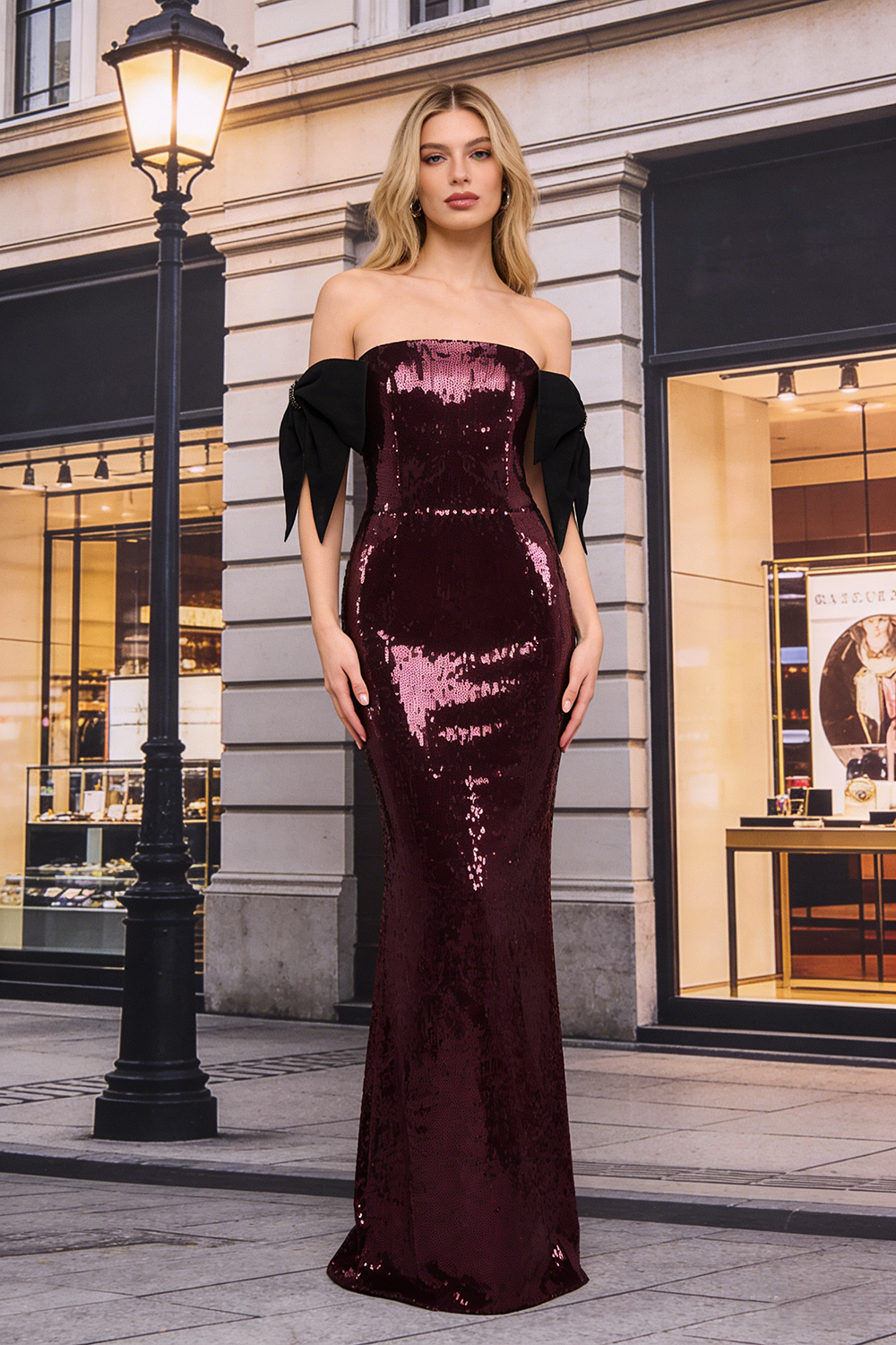 One Shoulder Bow Sequin Gown