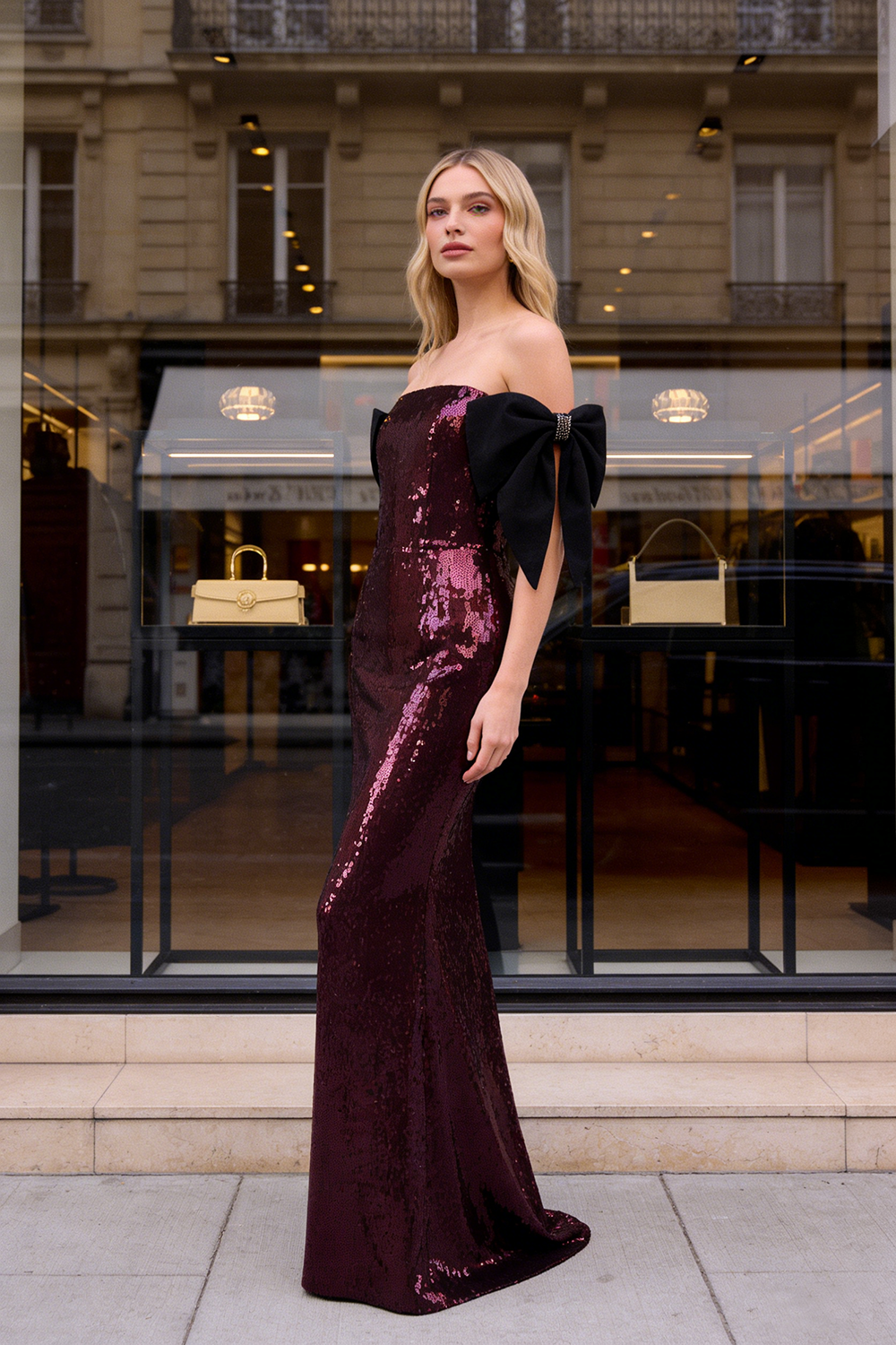 One Shoulder Bow Sequin Gown