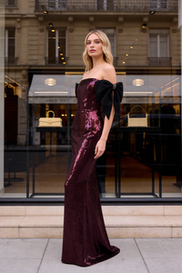 One Shoulder Bow Sequin Gown