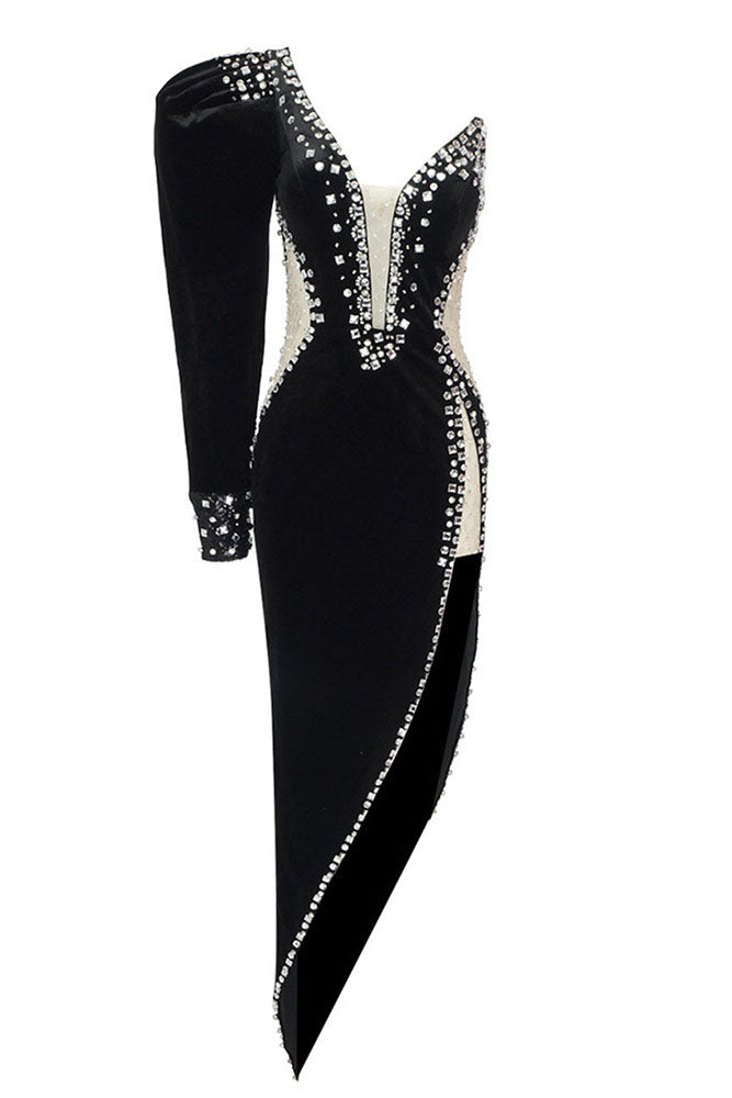 slim fit dress slacks One Shoulder Crystal-trim Velvet Dress – IULOVER