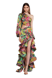 One Shoulder Cut-Out Floral Printed Maxi Dress