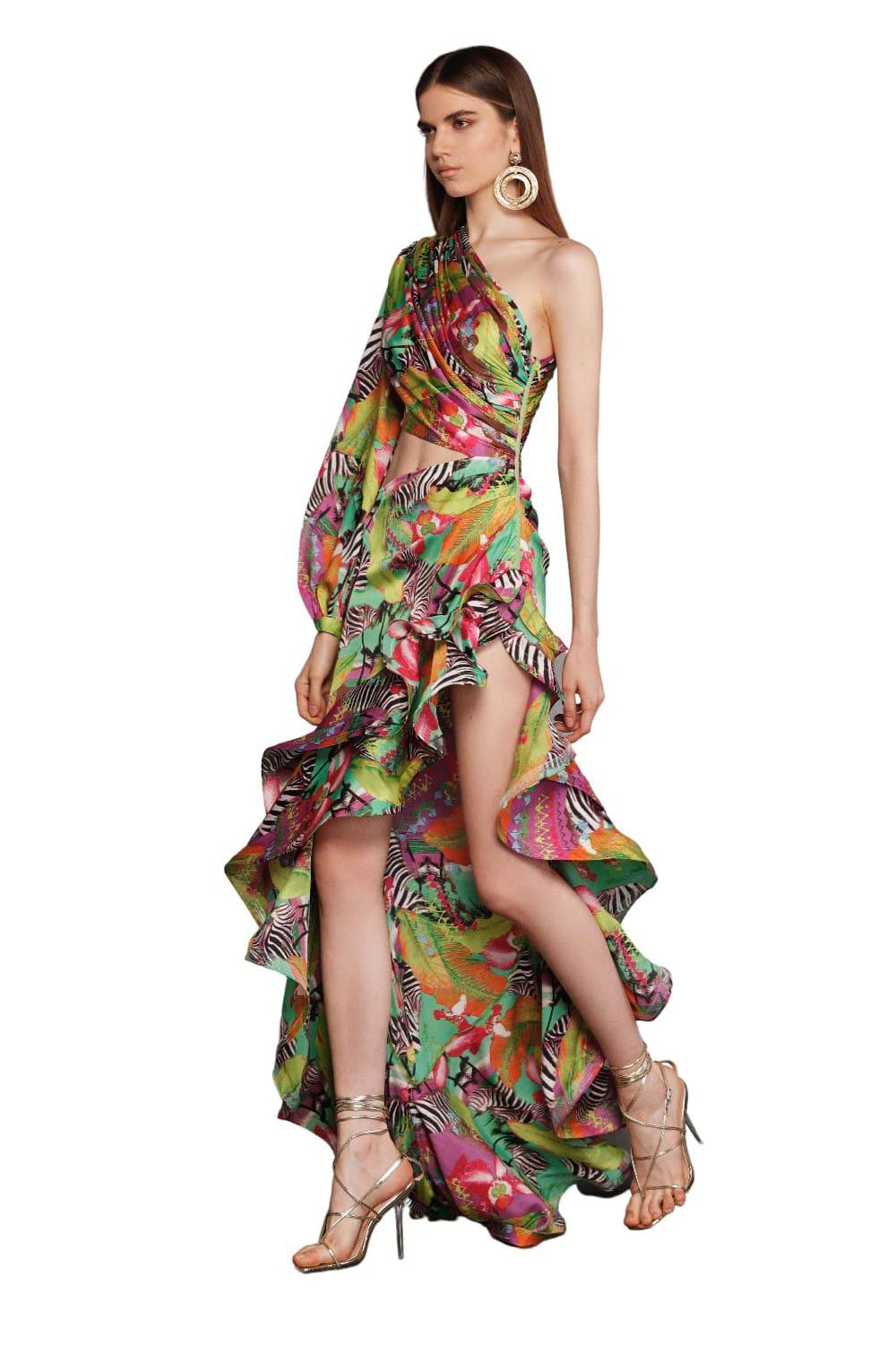 One Shoulder Cut-Out Floral Printed Maxi Dress