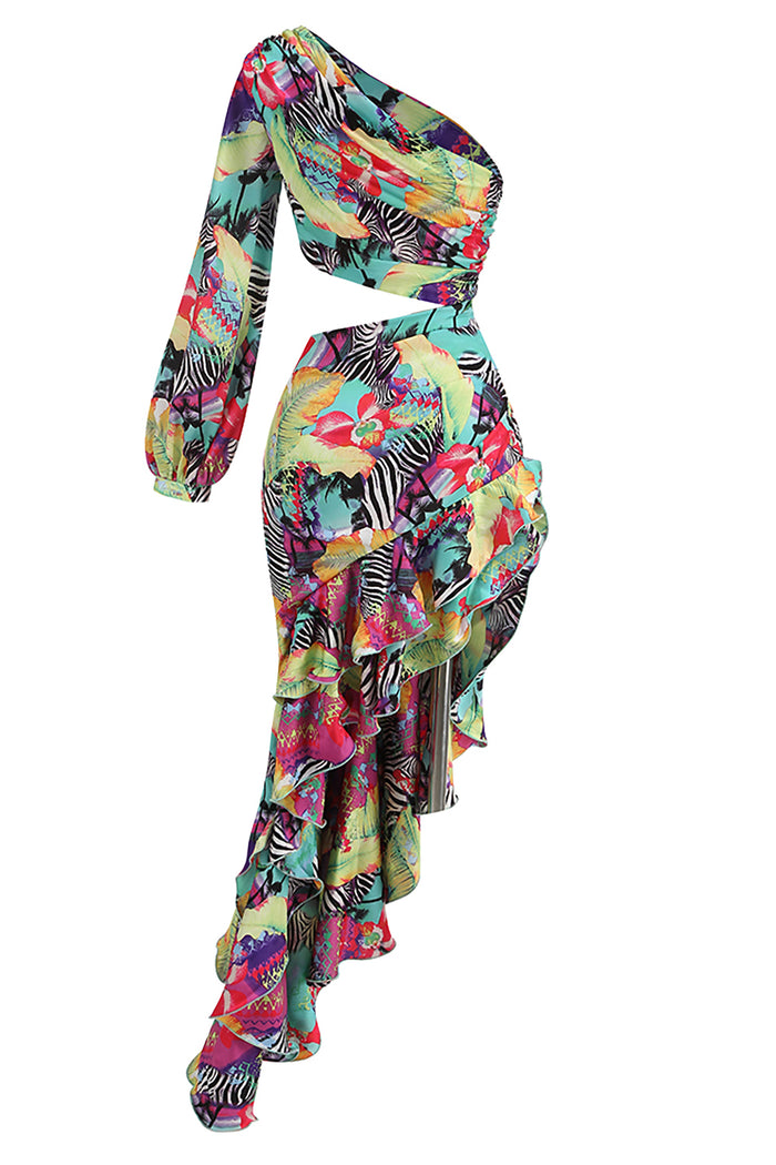 One Shoulder Cut-Out Floral Printed Maxi Dress