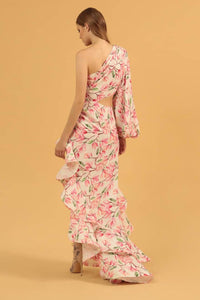 One-Shoulder Printed Ruffles Asymmetrical Maxi Dress