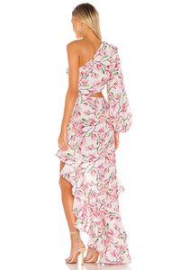 One-Shoulder Printed Ruffles Asymmetrical Maxi Dress