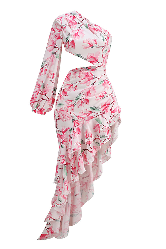 One-Shoulder Printed Ruffles Asymmetrical Maxi Dress IULOVER One-Shoulder Printed Ruffles Asymmetrical Maxi Dress IULOVER