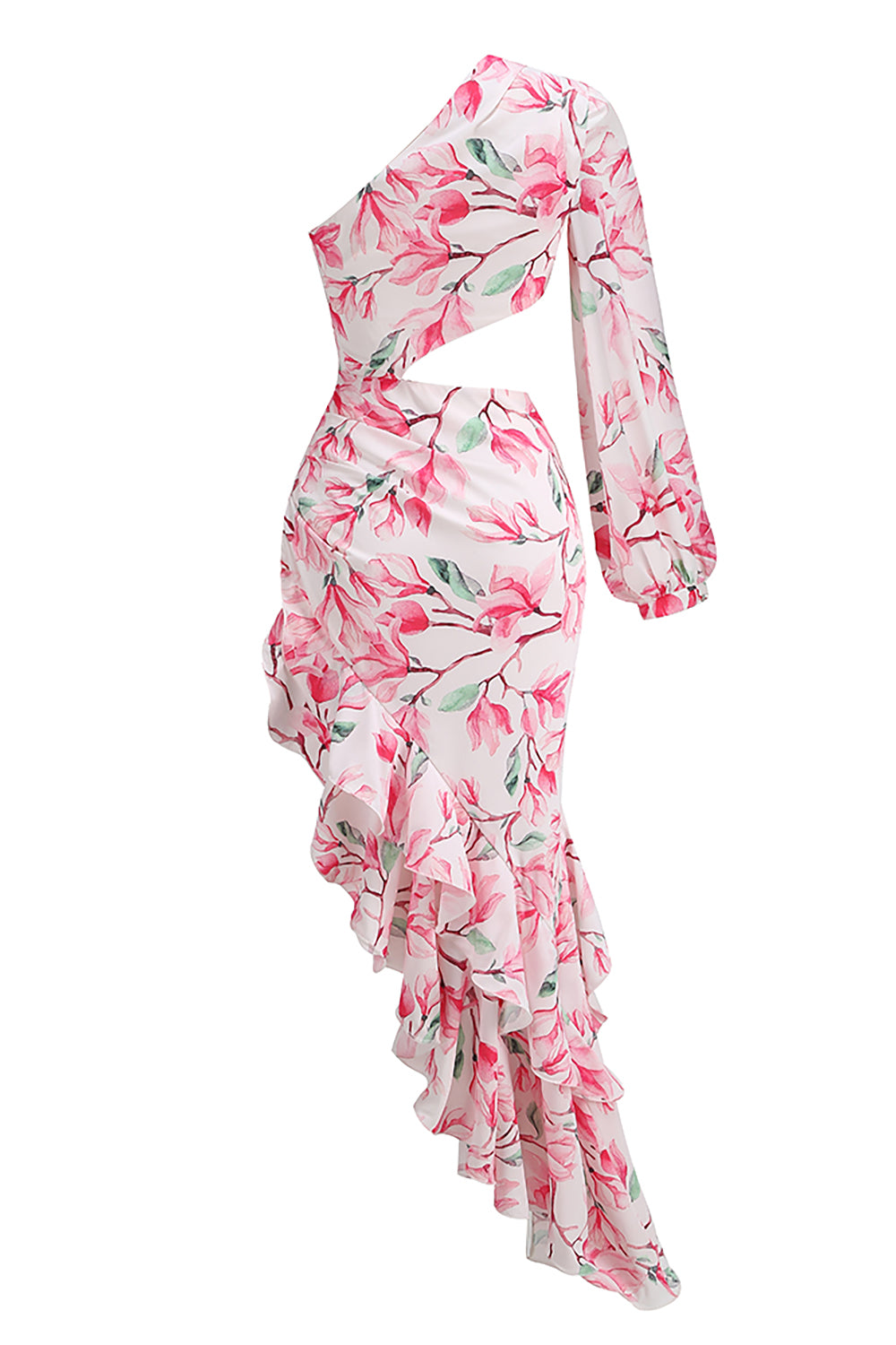 One-Shoulder Printed Ruffles Asymmetrical Maxi Dress