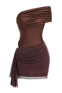 One Shoulder Slinky Diamante Mini Dress