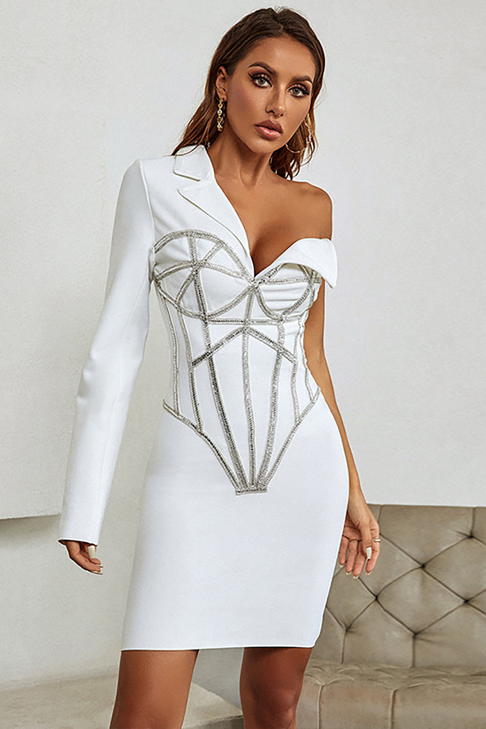 One Shoulder Sparkly-Trim Bandage Dress