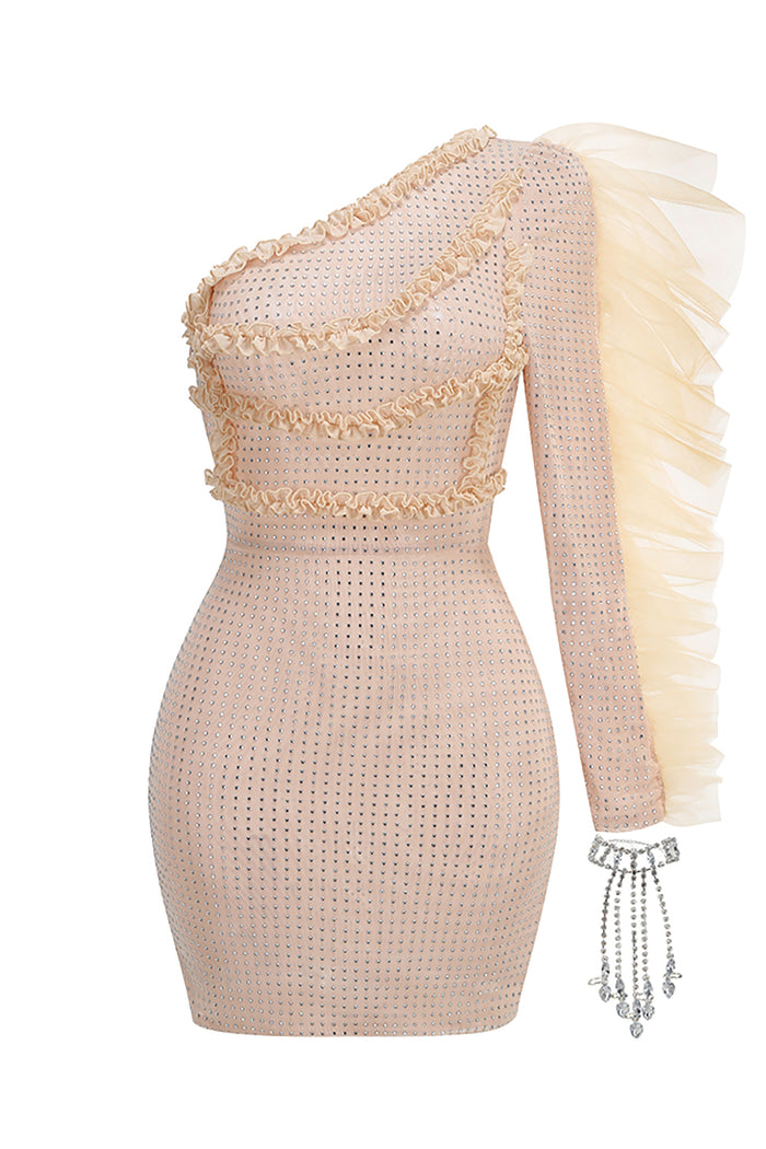 One shoulder Crystal Embellished Mini Dress IULOVER One shoulder Crystal Embellished Mini Dress IULOVER