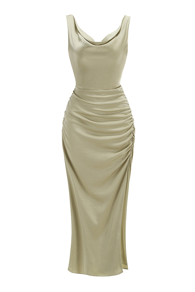 fitted lace wedding dress Open Cowl Back Draped Maxi Dress Nude / Small