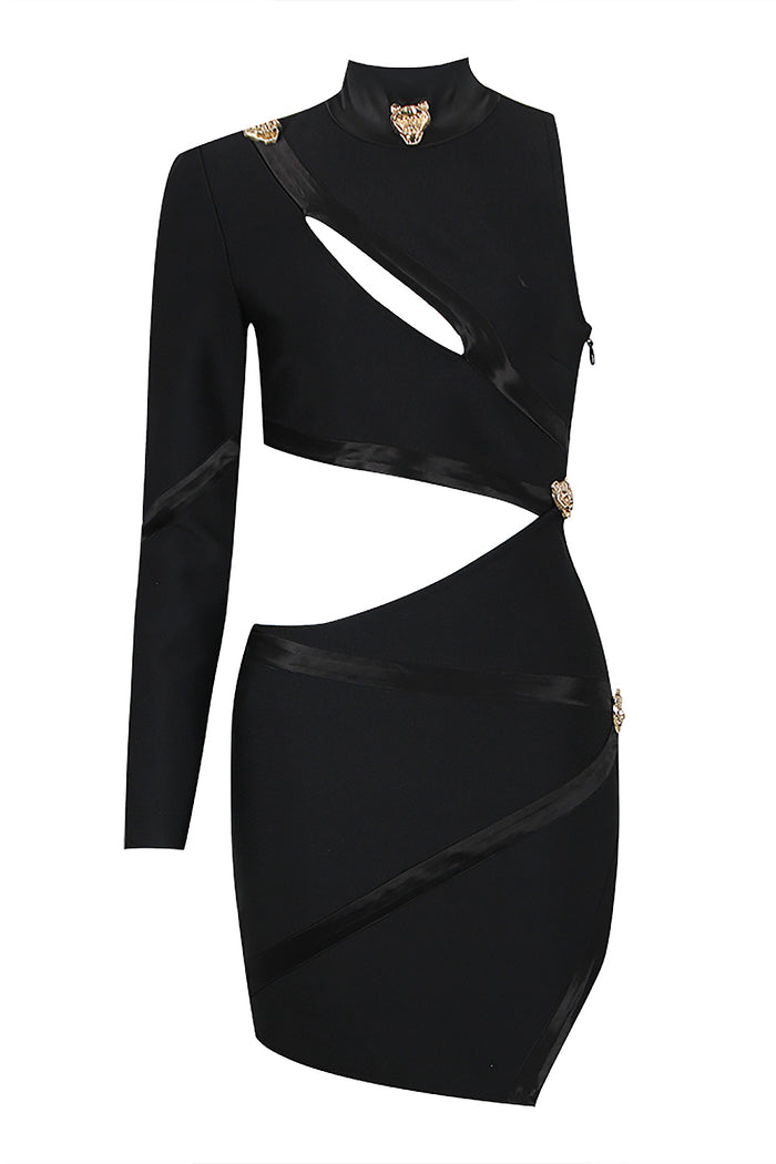 Panther Head Cut Out Asymmetric Mini Bandage Dress Black / Large
