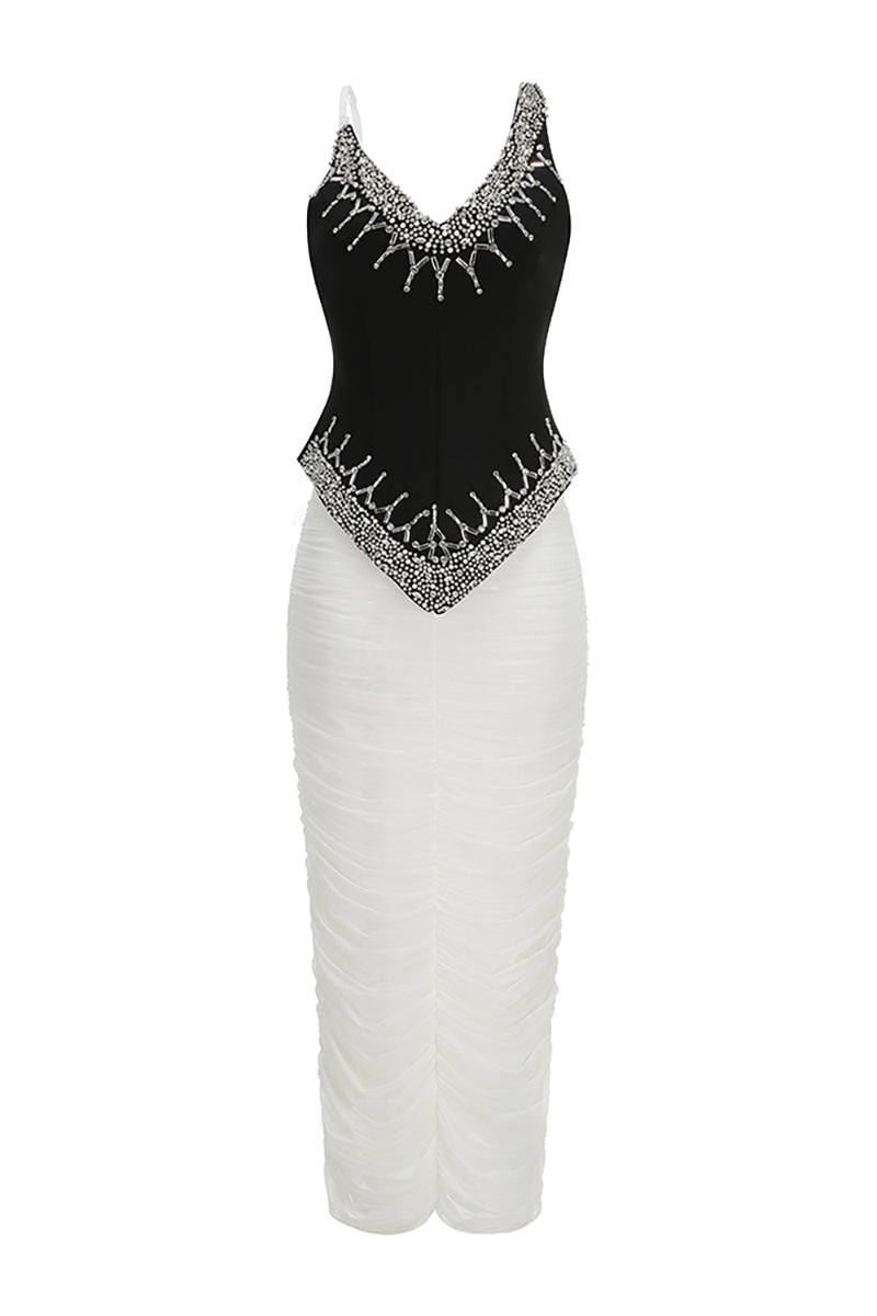 Pearl Crystal-trim Draped Two-Piece Set in Black White