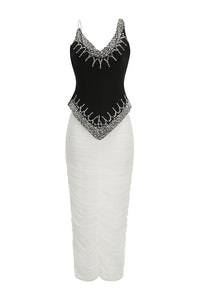 Pearl Crystal-trim Draped Two-Piece Set in Black White