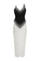 Pearl Crystal-trim Draped Two-Piece Set in Black White