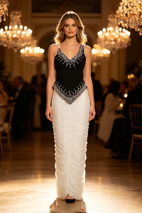 Pearl Crystal-trim Draped Two-Piece Set in Black White