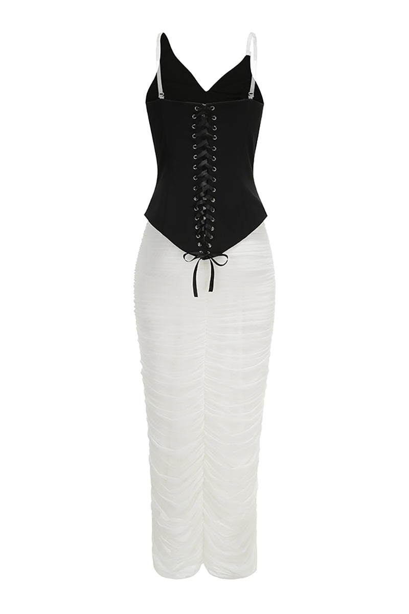 Pearl Crystal-trim Draped Two-Piece Set in Black White