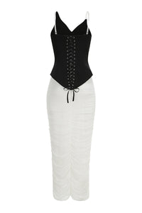 Pearl Crystal-trim Draped Two-Piece Set in Black White