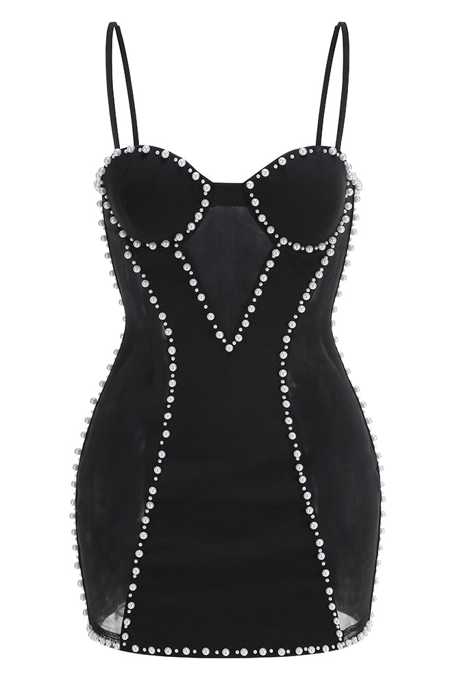 Pearl Trim Bustier Mesh Mini Dress IULOVER Pearl Trim Bustier Mesh Mini Dress IULOVER