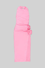 Pink Halterneck Draped Flowers Jersey Midi Dress