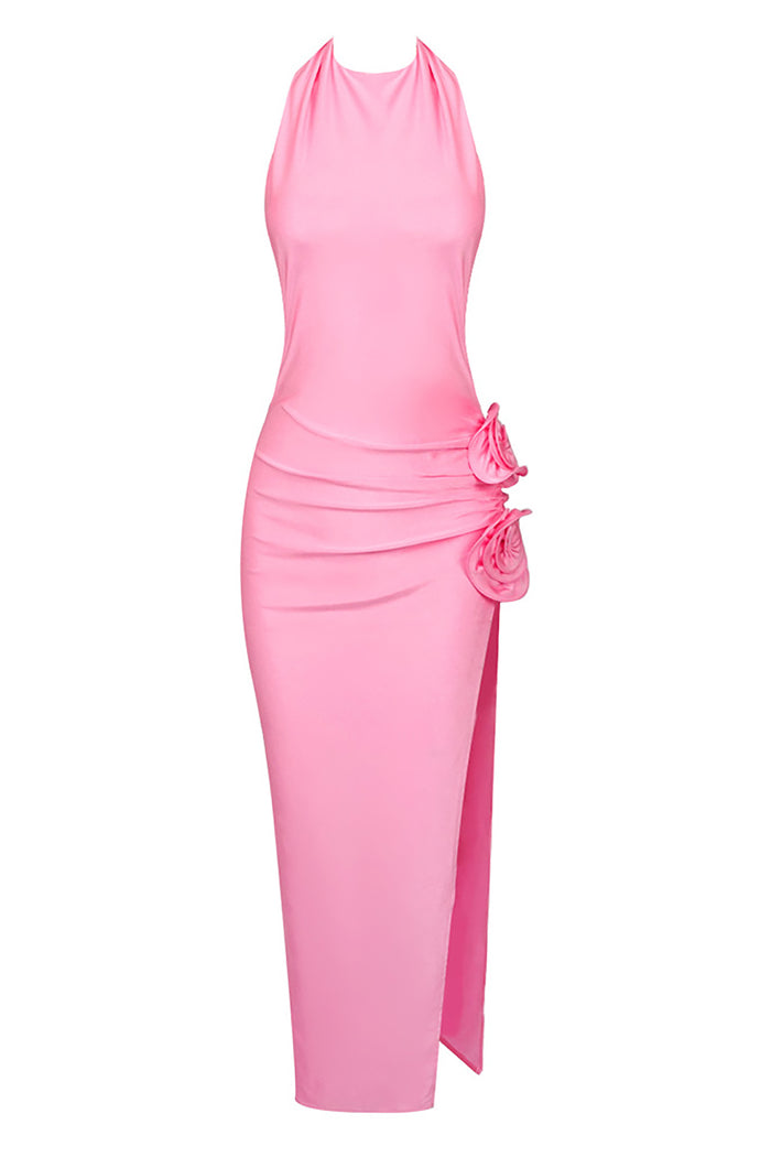 Pink Halterneck Draped Flowers Jersey Midi Dress