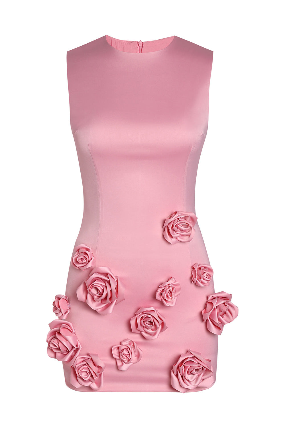 Mini vestido justo rosa com gola redonda e flor 3D sem mangas