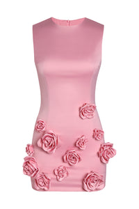 Mini vestido ajustado sin mangas con flores 3D y cuello redondo rosa