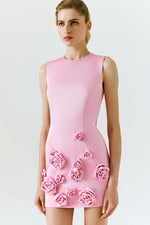 Pink Round Neck 3D Flower Sleeveless Tight Mini Dress