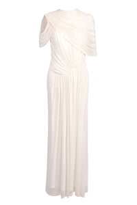 Pleated Draped Shoulder Maxi Dress in White