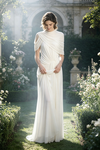 Pleated Draped Shoulder Maxi Dress in White