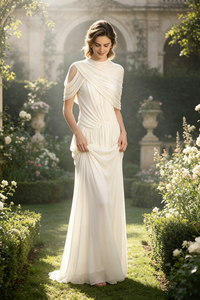 Pleated Draped Shoulder Maxi Dress in White