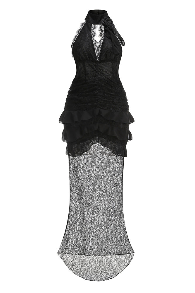 Plunge Neckline Lace Frill Gown