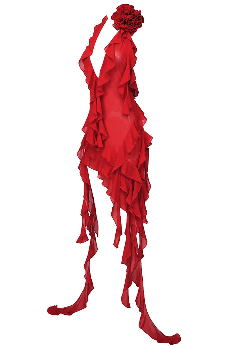 Plunging Neckline Ruffle Rosette Decorated Dress