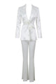 Plunging Satin Beaded Blazer See-through Flared Pearl Pants