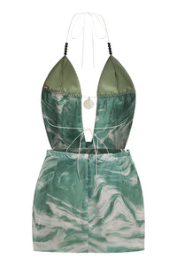 Printed Open Back Halter Top and Skirts Green