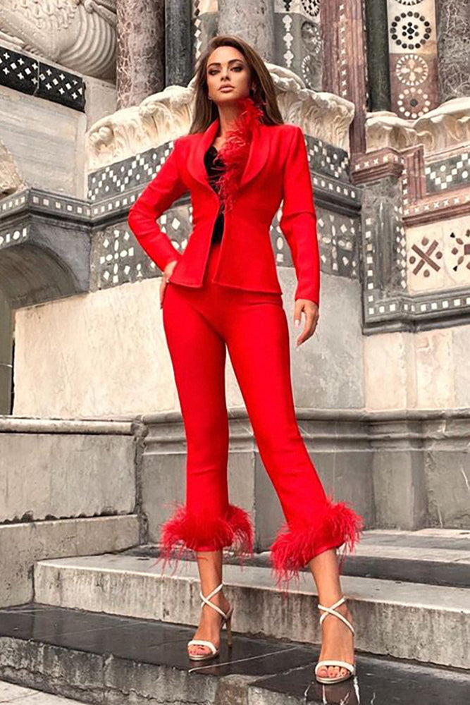 Red Feather-trim Suits