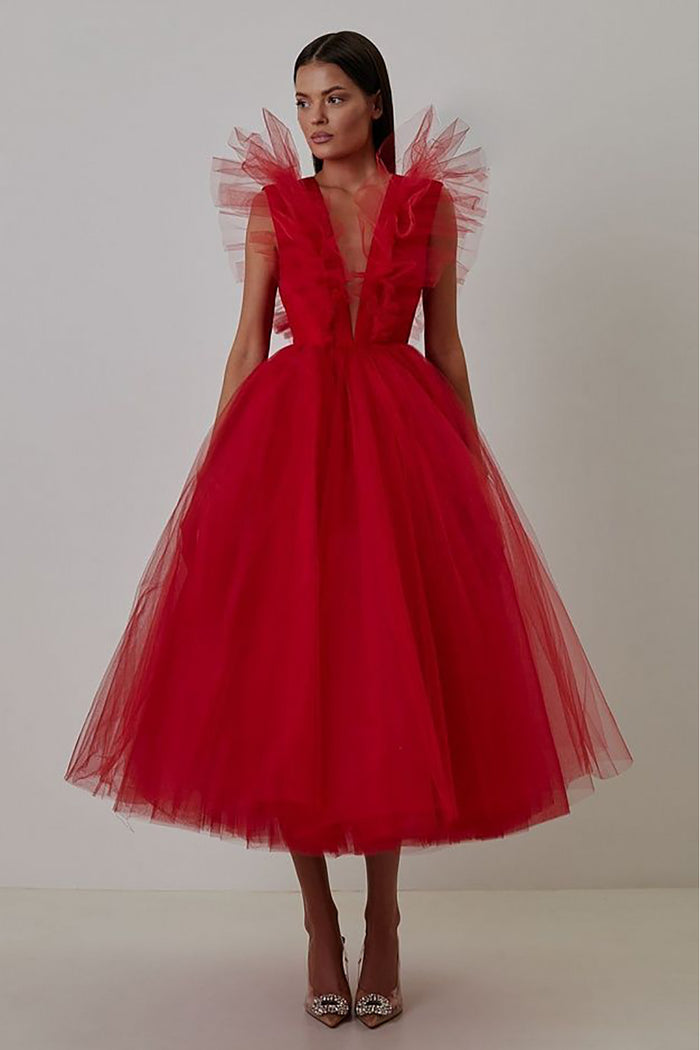 Red V Neck Ruffle Tulle Mesh A-line Dress